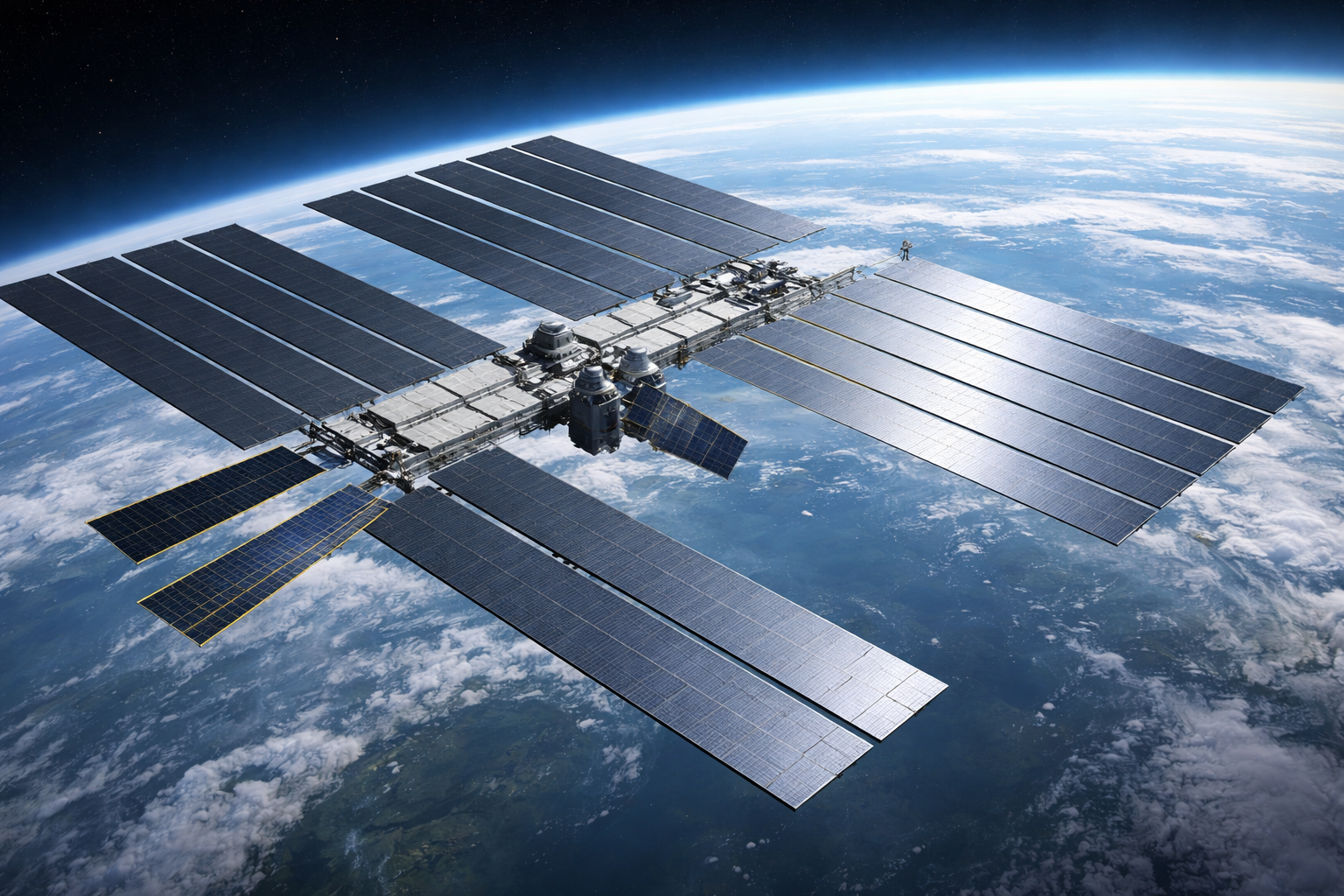 AOCN in low Earth orbit with large radiator panels and solar arrays