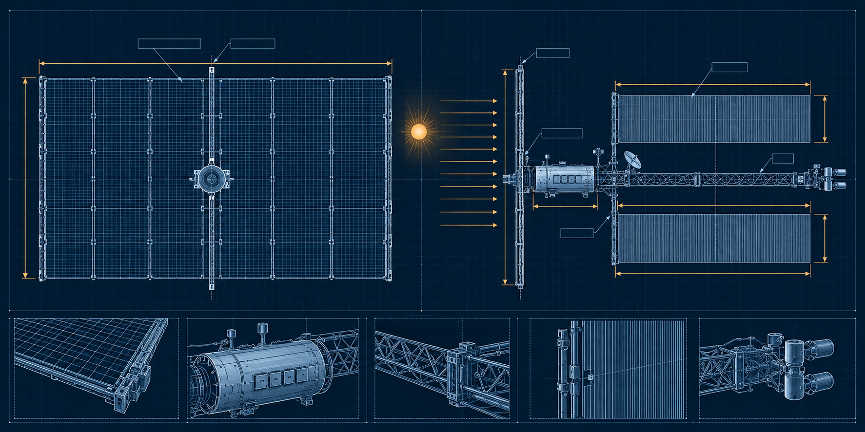 Blueprint-style illustration of the AOCN Rev B arrangement: sun's-eye view of the array sheet with the vault and edge-on wings at its centre, a view along the flight direction with sun rays stopping at the array, the vault on the truss and two radiator wings behind, and detail insets of the array edge, vault, truss joint, radiator ribs and thruster pod