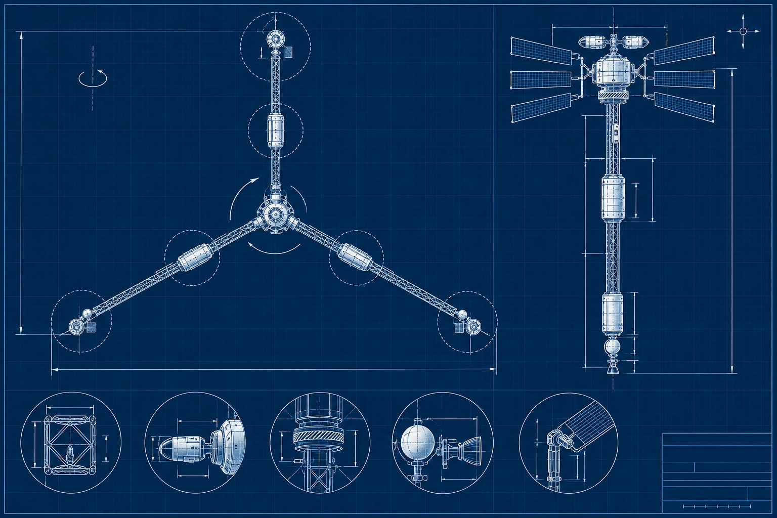 Blueprint-style illustration of the Gradient One Rev B arrangement: plan view of the three-arm rotor with the tip and inboard modules and band circles, a side elevation along one arm with the despun node and arrays, the bearing band, the hub, the inboard and tip modules with their decks and the tip tank, and detail insets of the truss and rail, the transit car at a module port, the bearing and transfer lock, the tip tank and thruster pod, and an array hinge