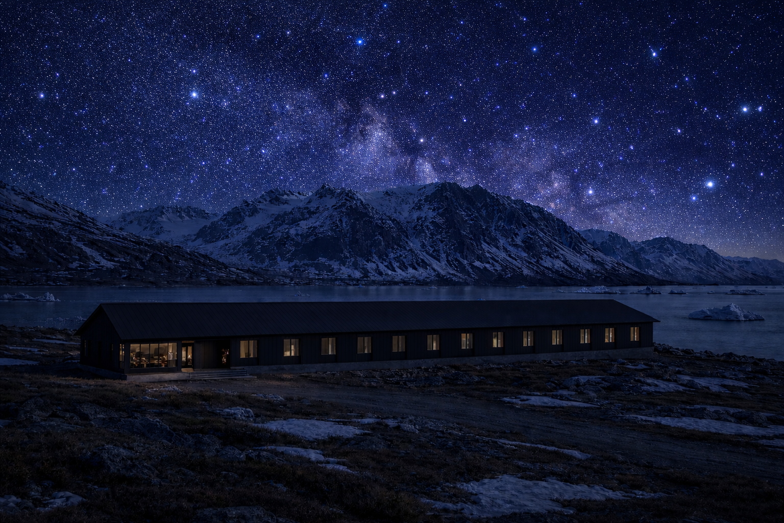Concept rendering of a low-light observatory lodge under Arctic night sky