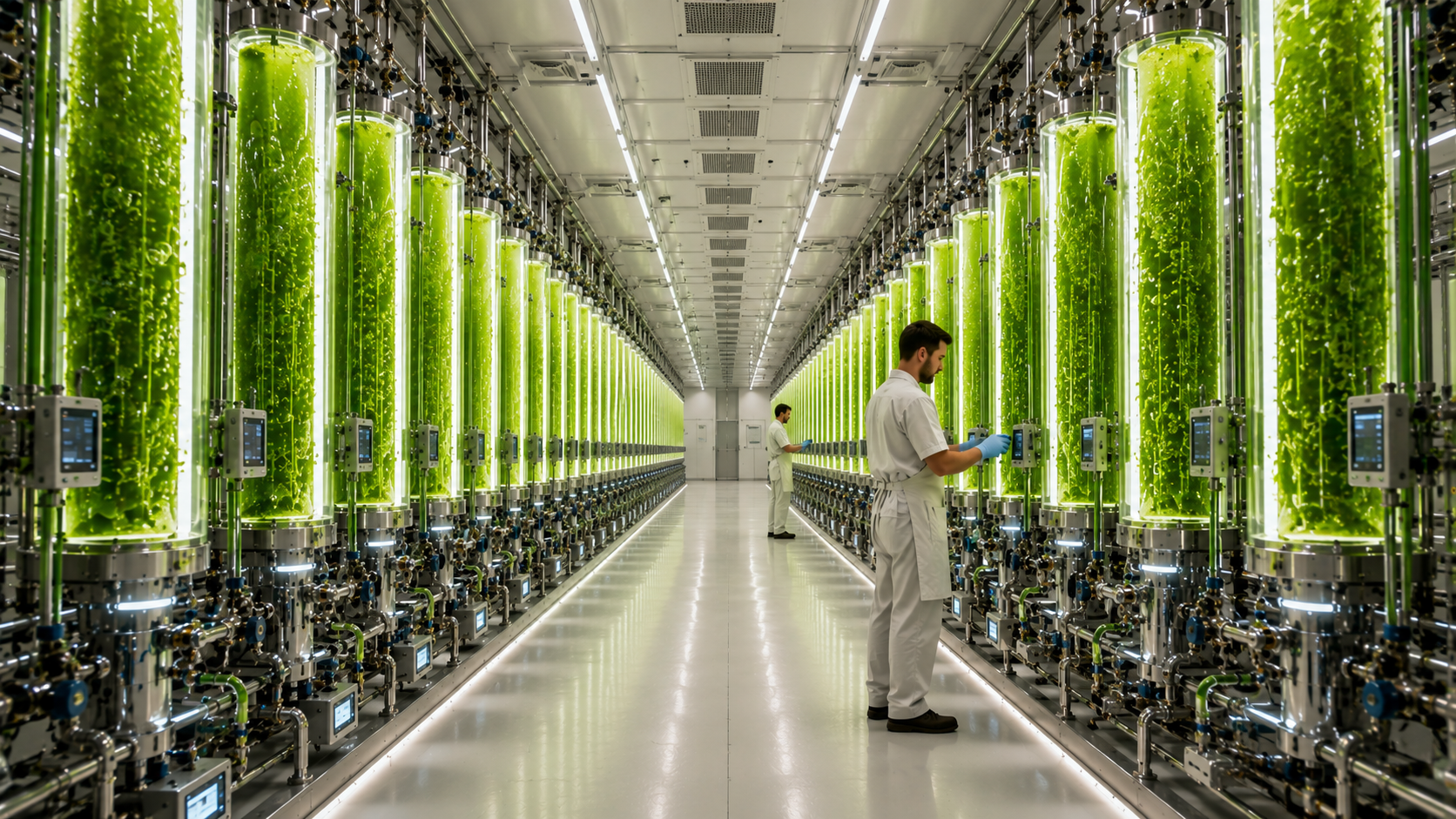 An algae photobioreactor hall: long rows of tall clear tubes of glowing-green spirulina lining a straight aisle, a technician monitoring the system.