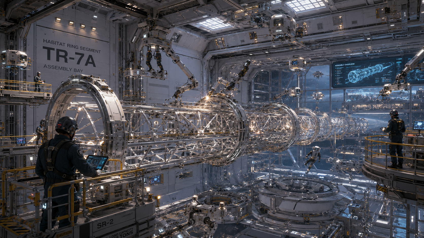The in-space assembly bay aboard Aegis Station, a habitat ring segment under construction by robotic arms