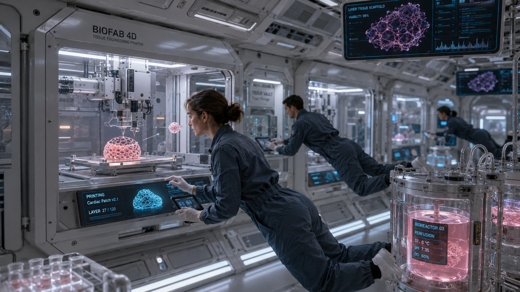 A microgravity bioprinting bay; robotic print-heads build delicate 3D tissue inside glass chambers, bioreactors glowing, scientists floating at the stations.