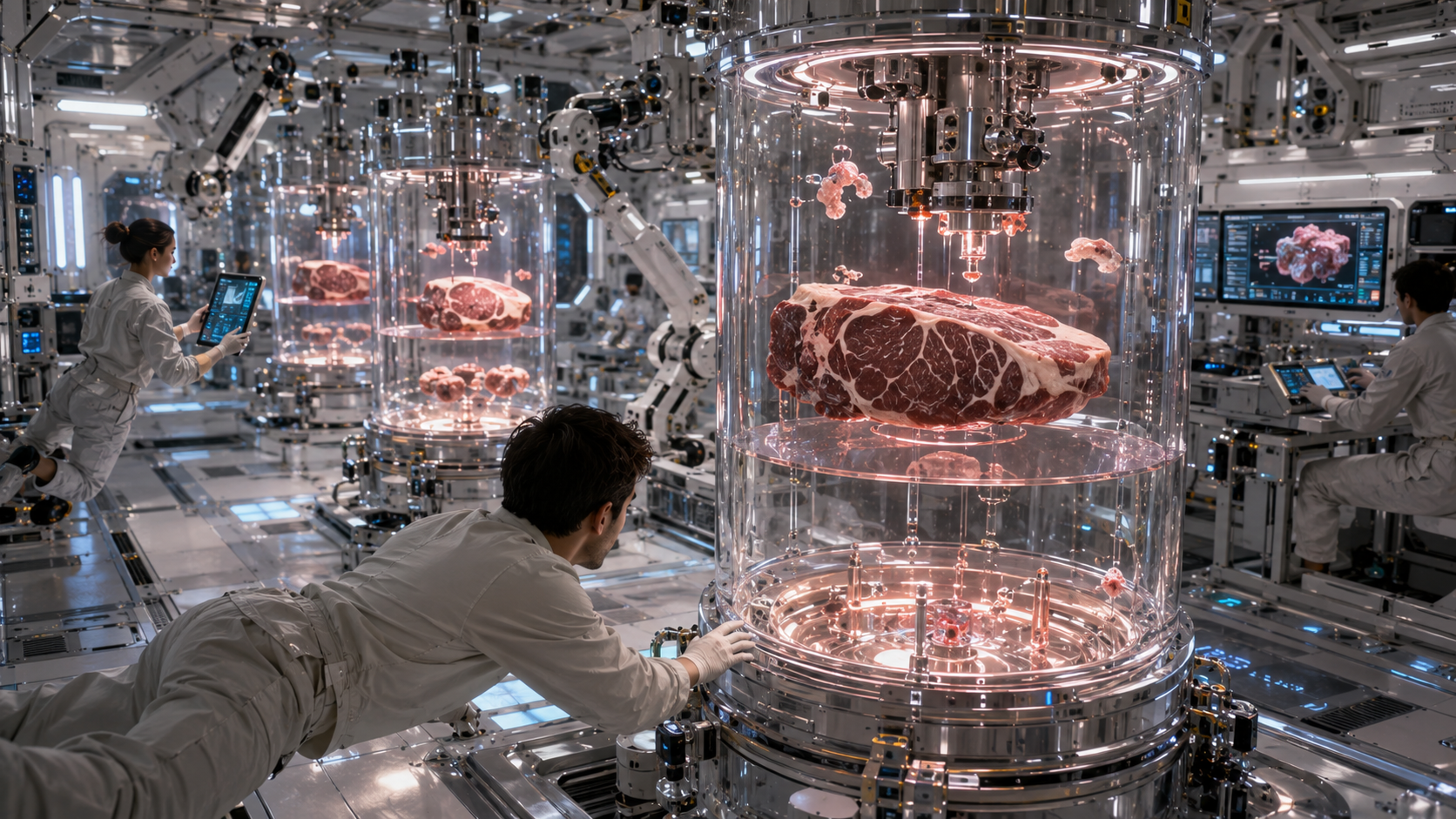 A microgravity cultivated-meat facility; marbled cuts of meat take shape inside transparent bioreactor cylinders while technicians float at monitoring stations.