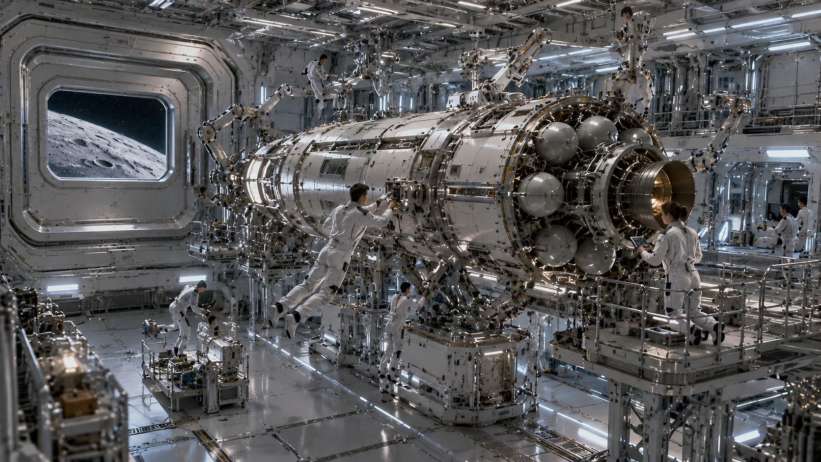 A spacecraft servicing dry dock in the hub: a lunar tanker held in a cradle of gantries and robotic arms, crew servicing it, the Moon visible through a window set in a large closed bay door.