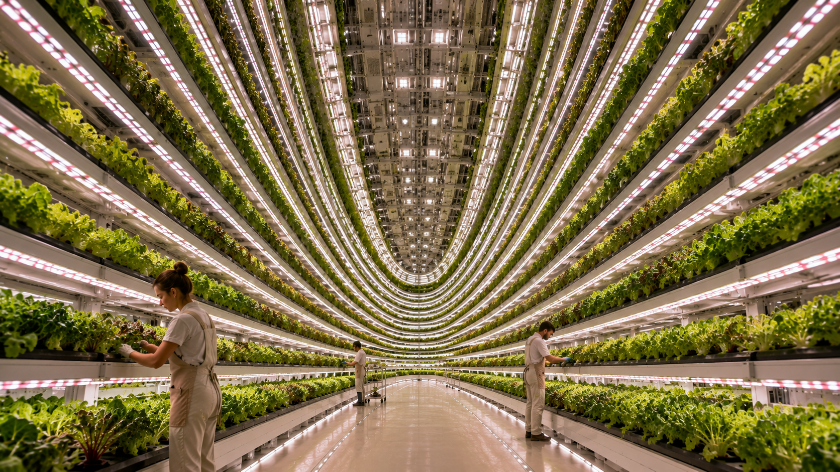 A hydroponic vertical farm inside a rotating ring, rows of leafy greens under grow lighting sweeping up and over the artificial-gravity horizon, workers tending the crops.