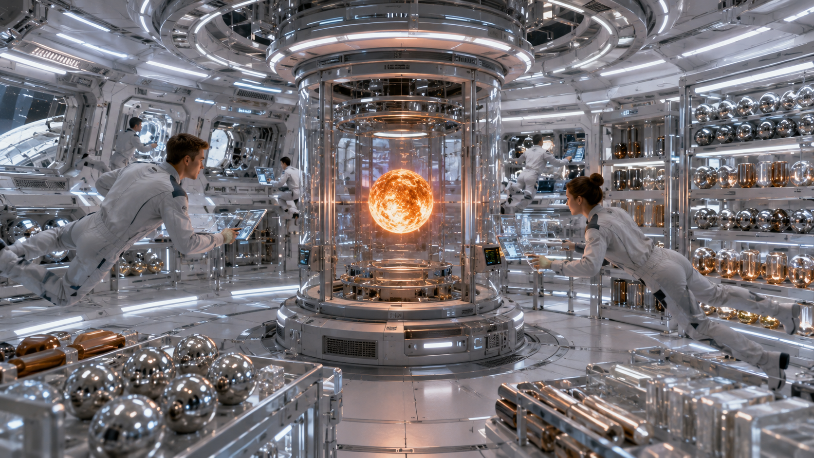 A microgravity containerless-metallurgy foundry: a glowing molten-metal sphere floats inside a transparent levitation furnace, surrounded by racks of metal spheres and ingots, technicians floating at control stations.