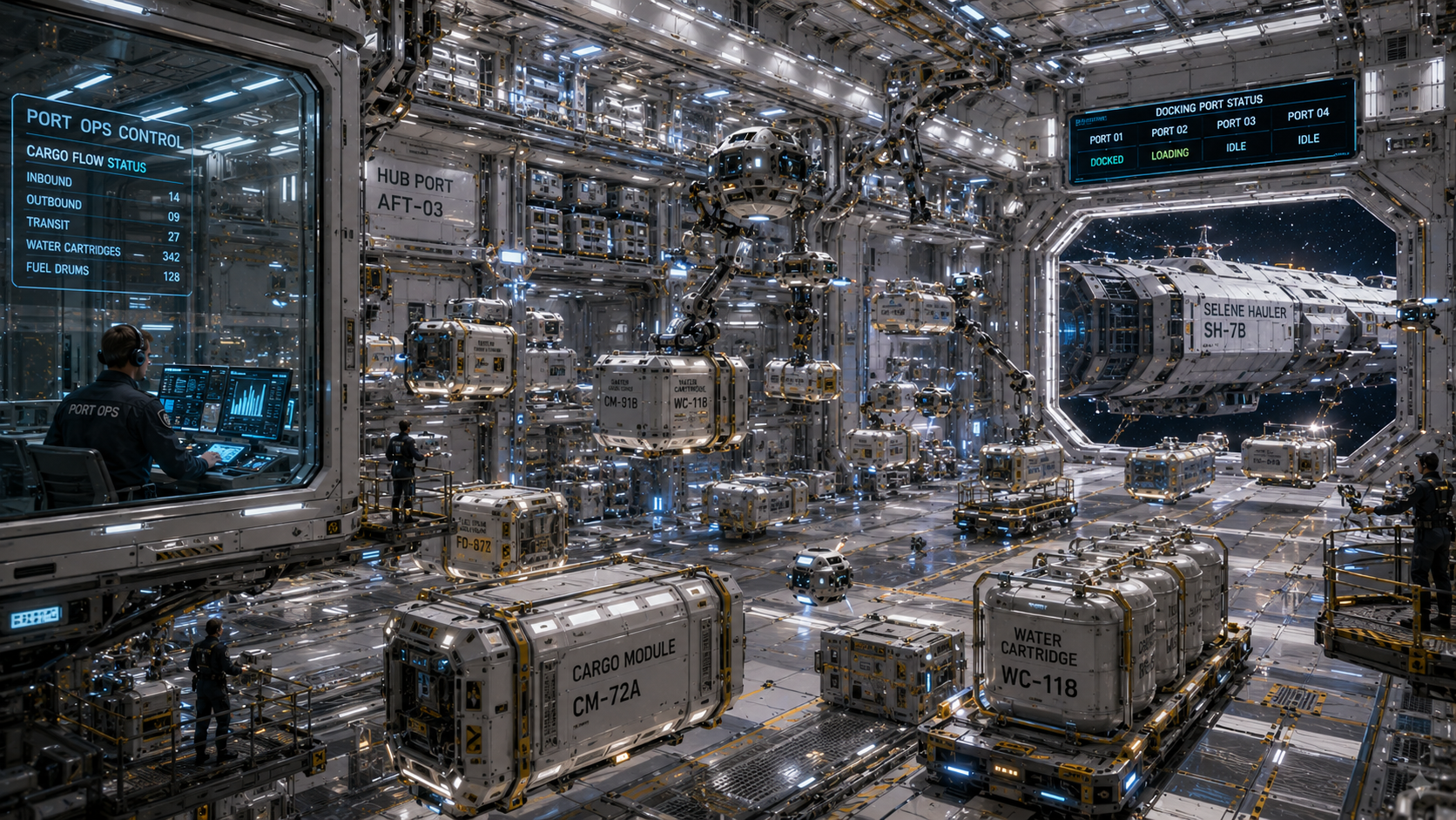 A pressurized cargo and port bay with standardized cargo modules and water cartridges handled by robotic systems, a docked hauler visible through a large port.