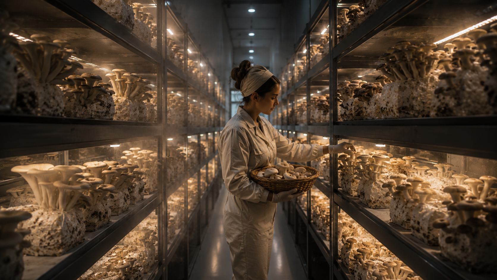 A clean, softly lit mushroom farm: tiered shelves of oyster mushrooms growing on substrate, a worker harvesting into a basket.