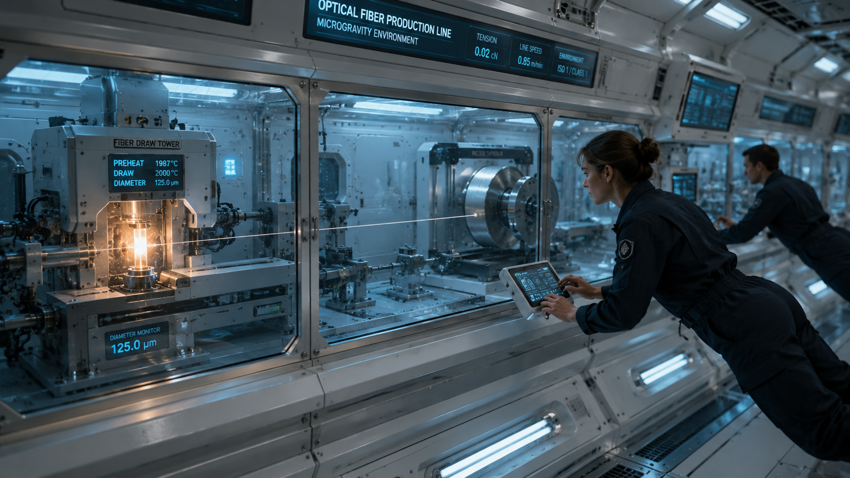 A microgravity optical-fiber production line; a glowing preform in a furnace draws an ultra-thin fiber in a straight line, a technician monitoring on a tablet.