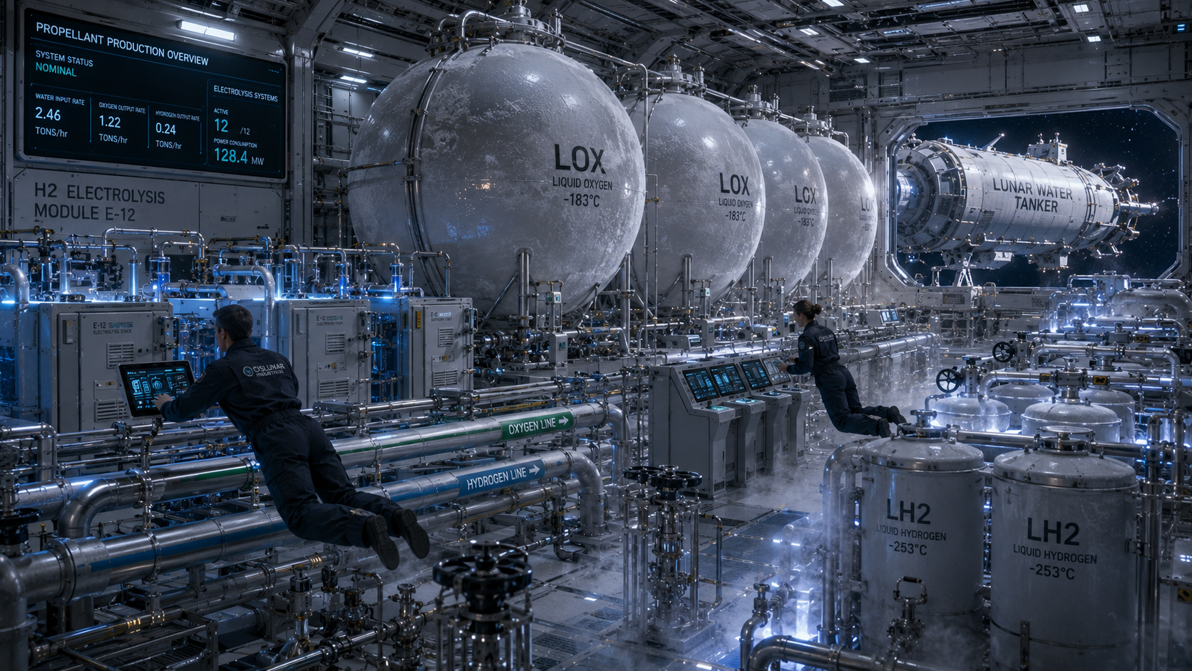 A microgravity propellant plant with large spherical LOX and cylindrical LH2 cryogenic tanks fed by electrolysis units, a lunar water tanker docked through a port.