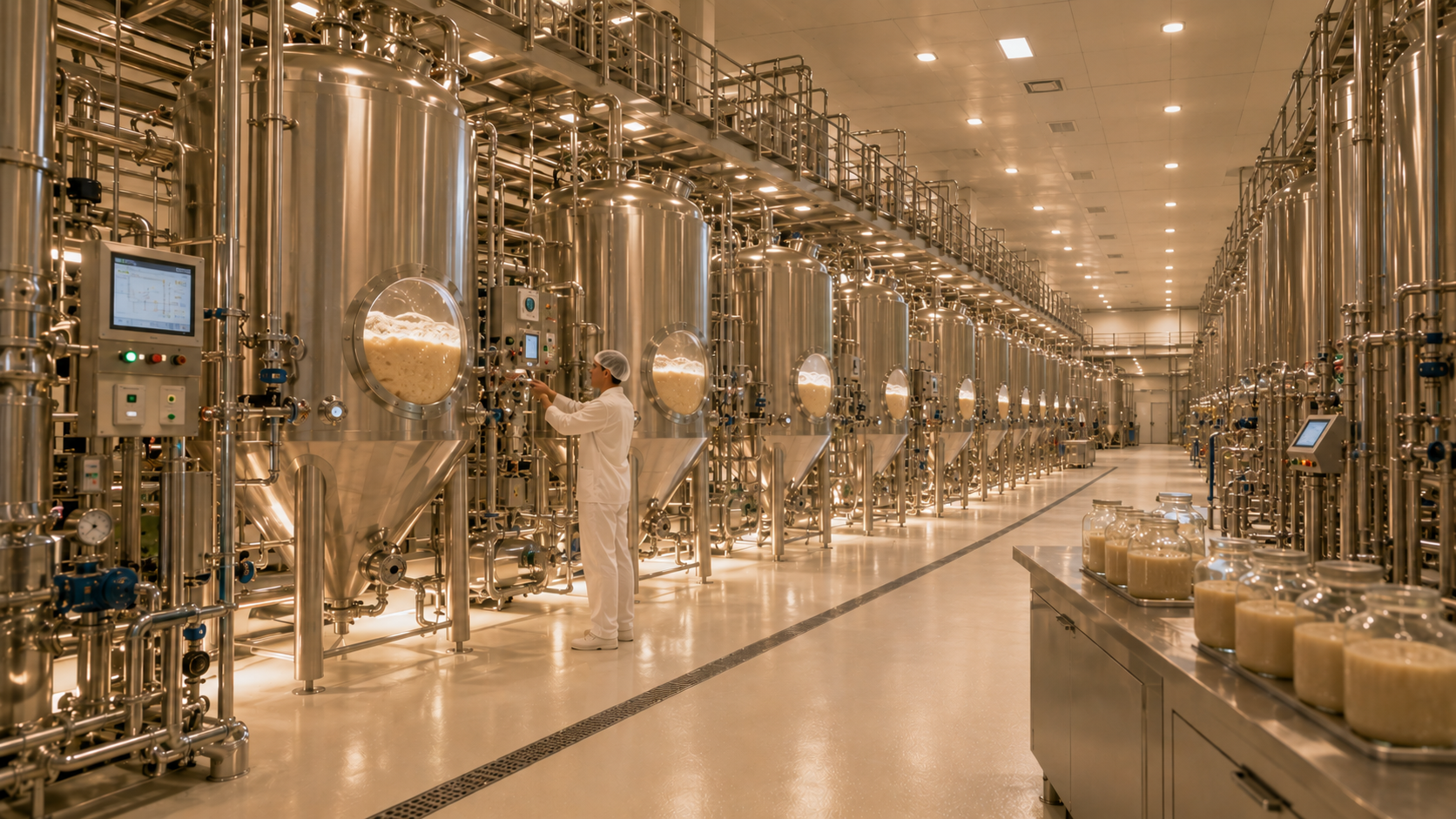 An enclosed precision-fermentation hall: rows of polished stainless cylindroconical tanks with cream-colored yeast culture visible through round sight-glasses, a technician at a control panel, jars of culture on a counter.