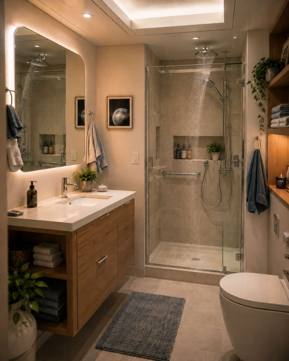A normal modern bathroom with a walk-in shower, sink, mirror, and a framed photo of the Moon.