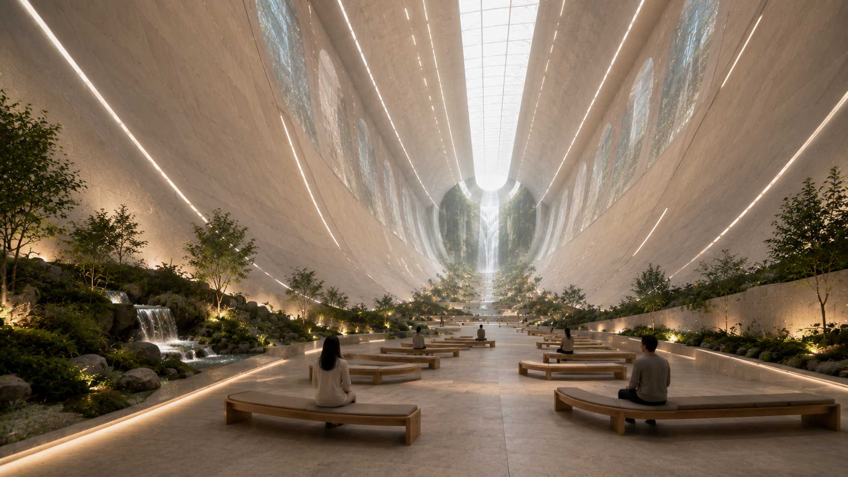 A soaring non-denominational sanctuary rising the full height of the ring, the floor and walls sweeping upward to a daylit ceiling, water and greenery at the floor, people sitting quietly.