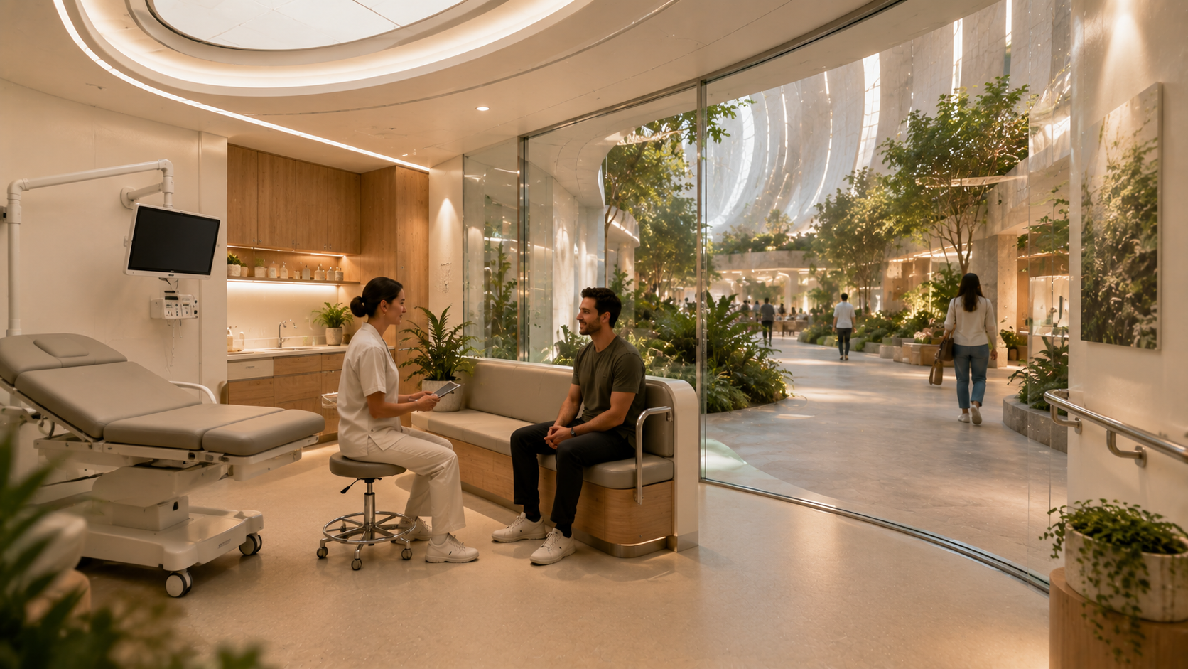An open, airy medical clinic inside a habitat ring, glazed onto the green ring promenade, a clinician with a seated adult patient, plants and warm wood.