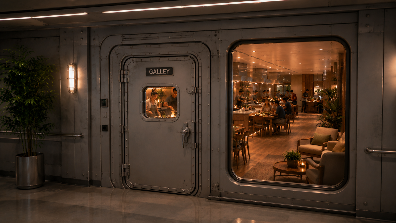 The sealed entrance to a communal galley: a heavy pressure door labeled GALLEY with a viewport, beside a large window into a warm kitchen of paired cook-and-table stations and a lounge.