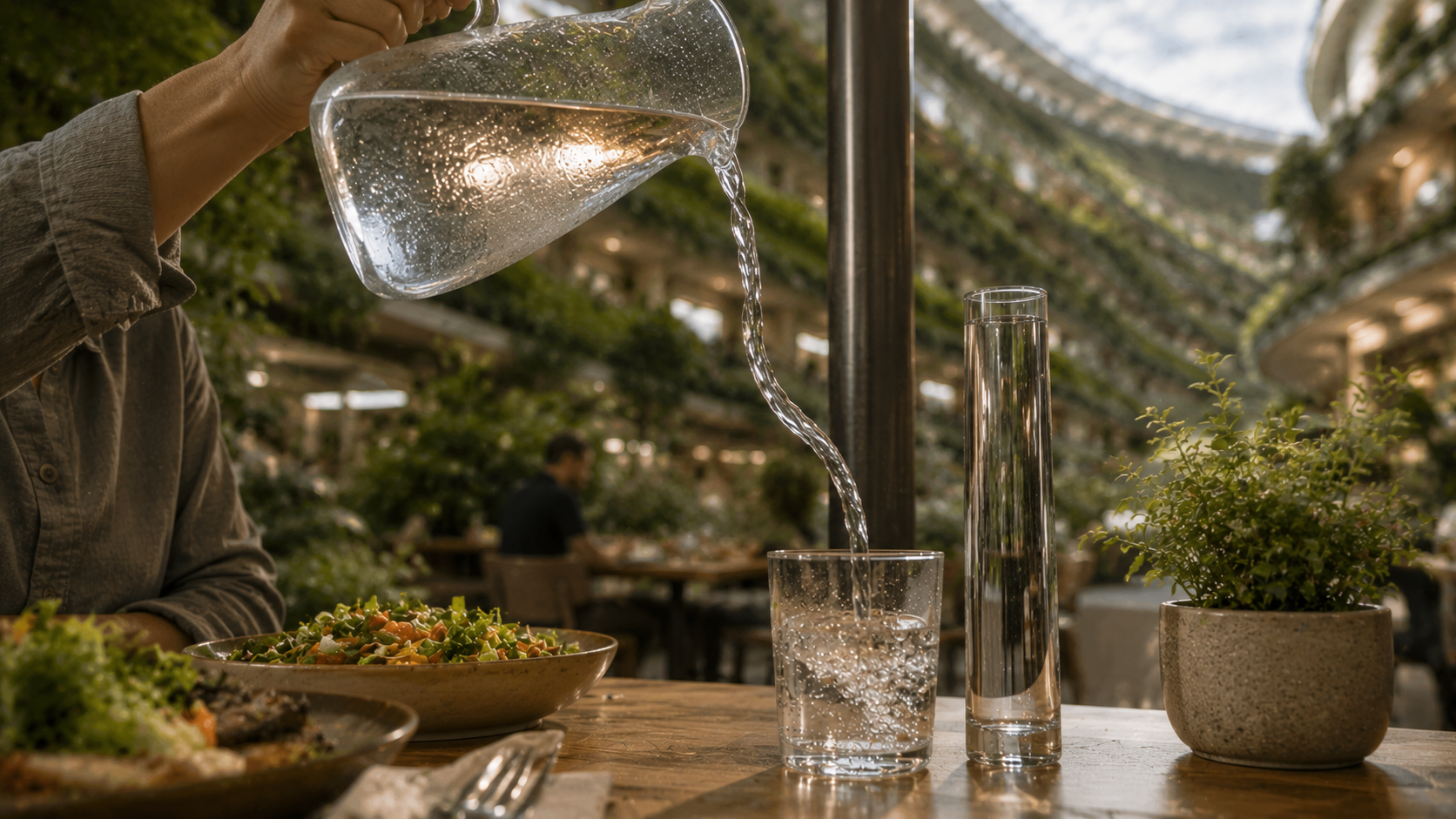 A close-up of water being poured into a glass aboard a rotating habitat; the falling stream bows visibly to one side instead of dropping straight, deflected by the spin.