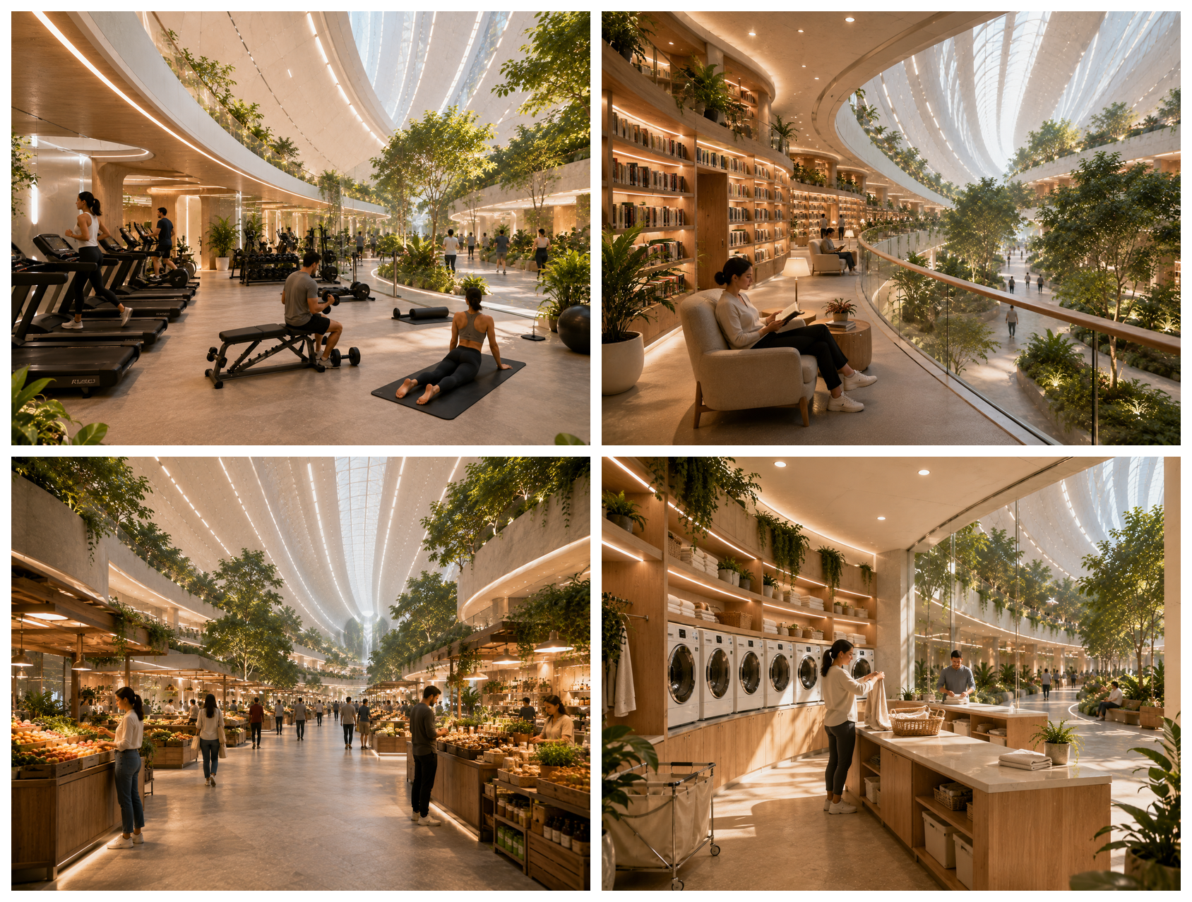 Four everyday spaces aboard the station: an open gym, a mezzanine library over the park, a market hall concourse, and a sunlit communal laundry — all opening onto the ring's greenery.