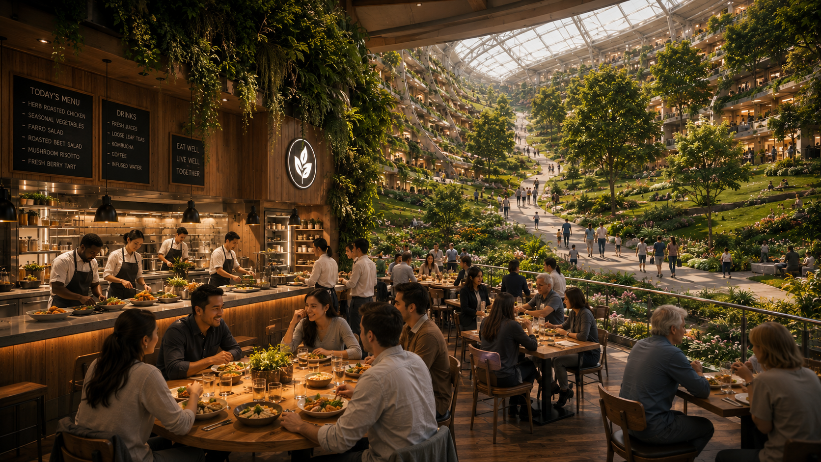A warm station restaurant and galley with communal tables, an open kitchen, and the planted ring curving up beyond the diners.