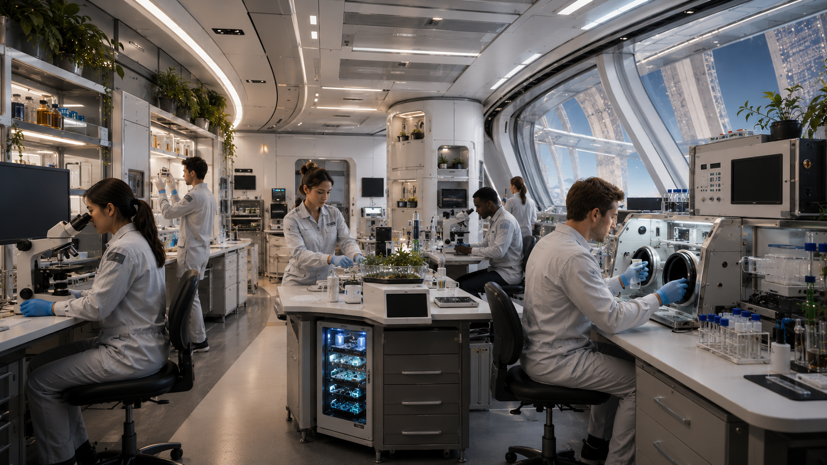 A bright, busy research laboratory with scientists at work, instrument racks, and sample storage.