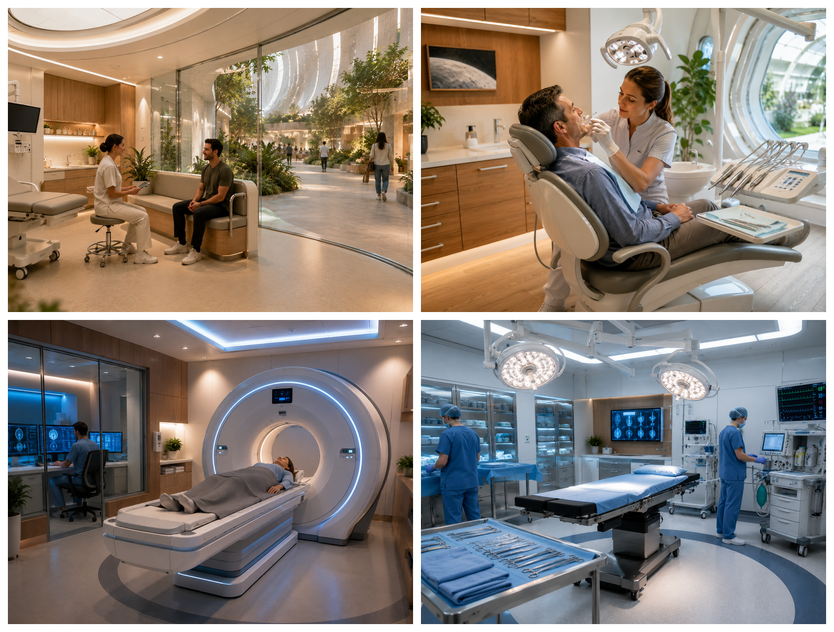 A medical center aboard the station: an open exam and consult room, a dental operatory, a diagnostic imaging suite with a CT/MRI scanner, and a prepped surgical suite.