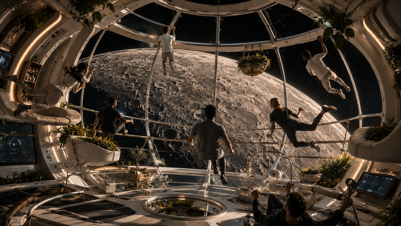 A microgravity observation dome in the non-rotating hub, the Moon filling the glass, with people floating and plants in hanging planters.