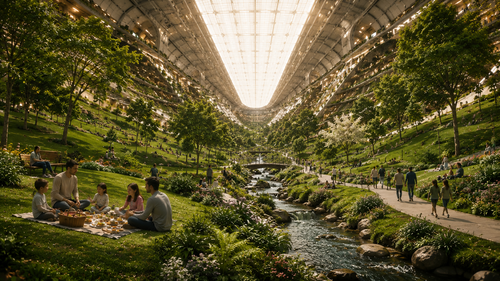 A green park inside a rotating ring, the ground curving upward and away on both sides under a long daylight ceiling, with a stream and people picnicking.