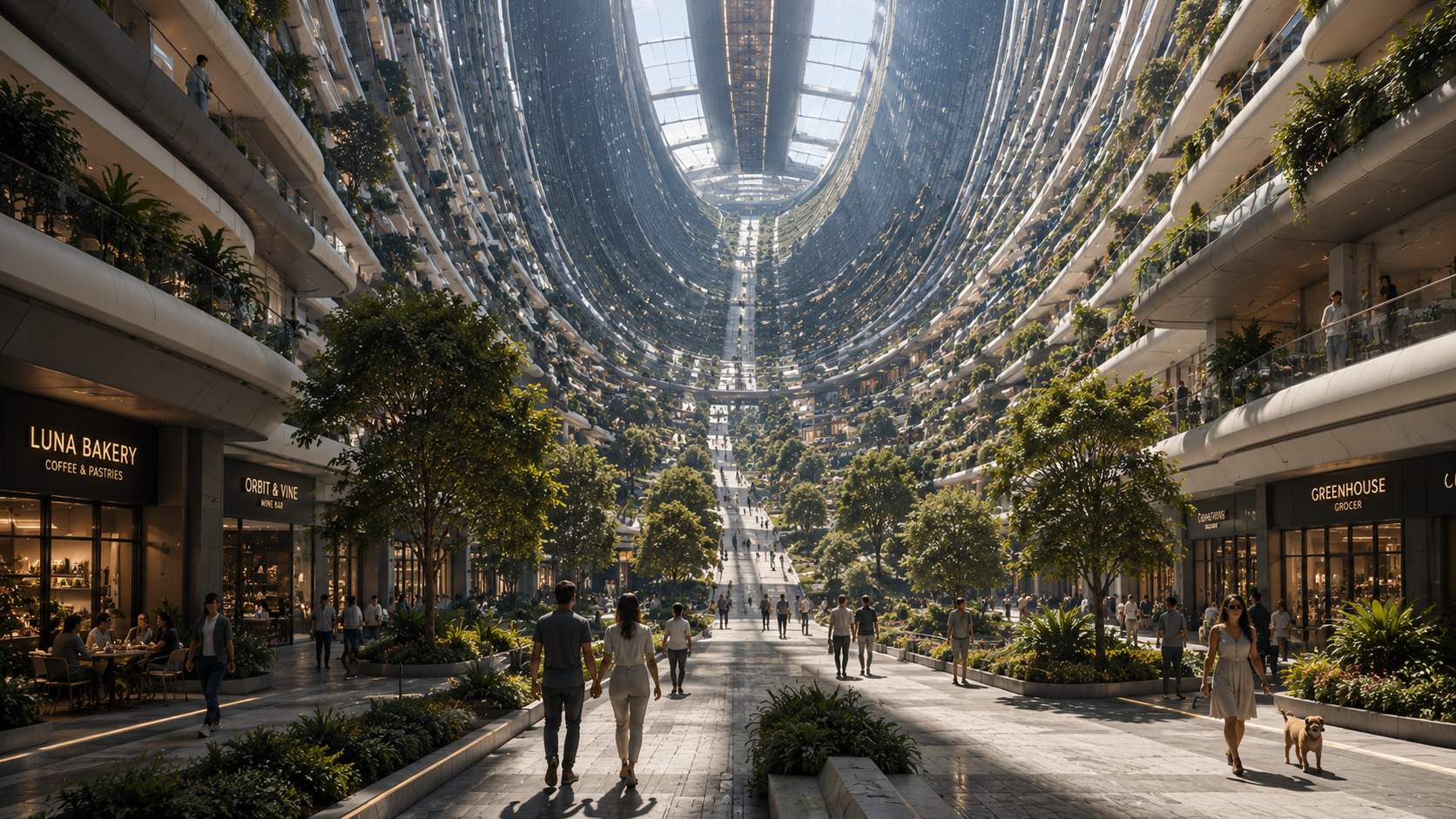 A tree-lined residential high street inside a rotating habitat ring aboard Aegis Station, the avenue curving up overhead