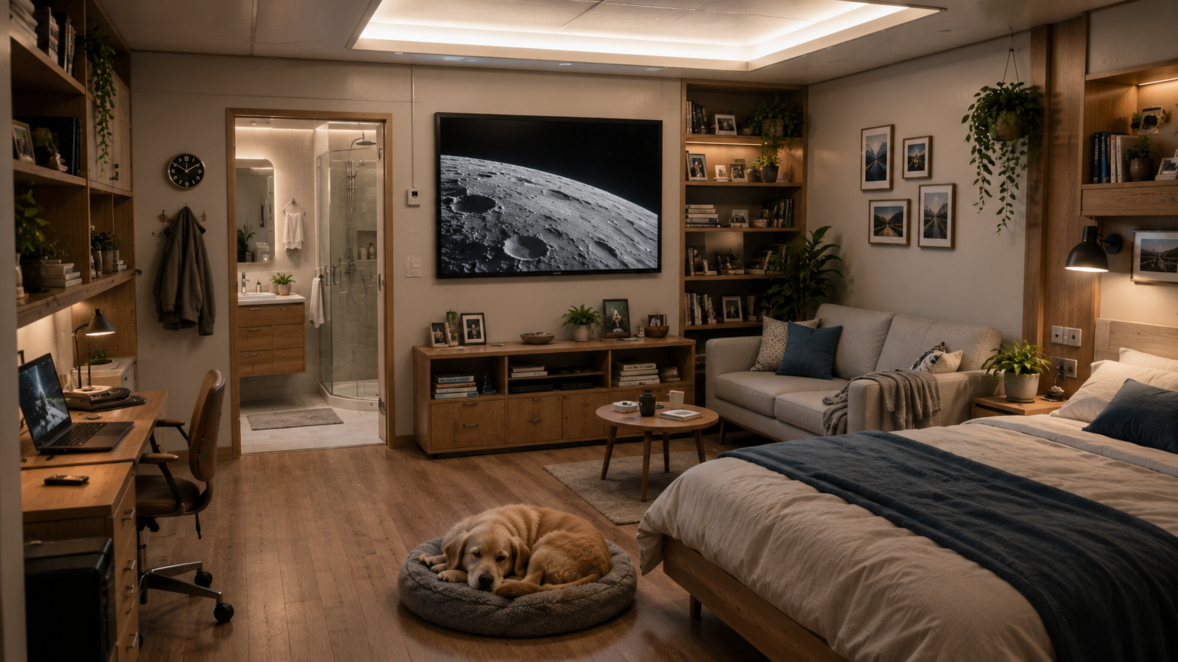 A private apartment inside a habitat ring — bed, desk, bookshelves, a screen-window showing the Moon, and a dog asleep in its bed.