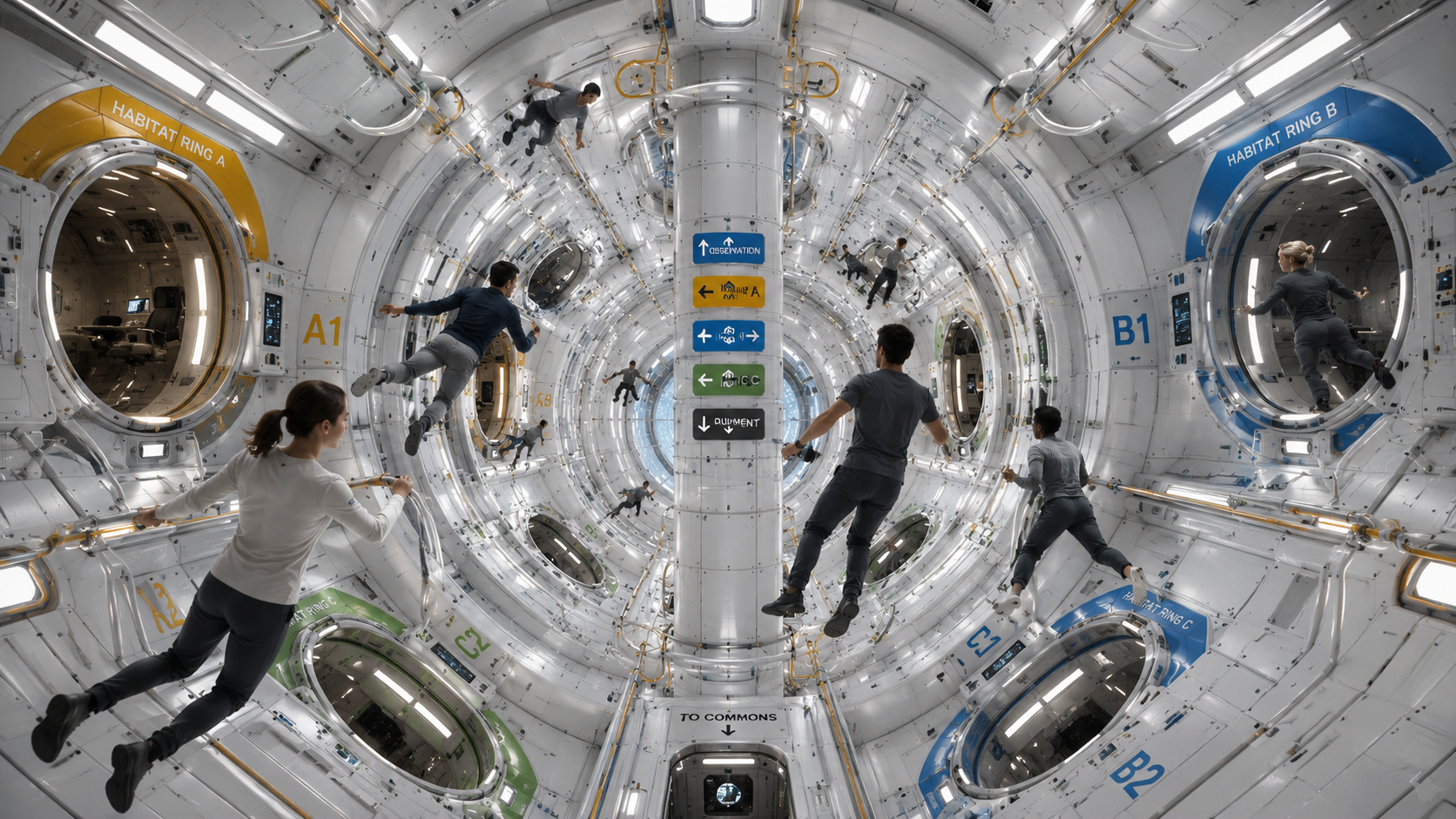 The weightless central transit core, people floating between labeled docking ports for the habitat rings, with wayfinding signage.