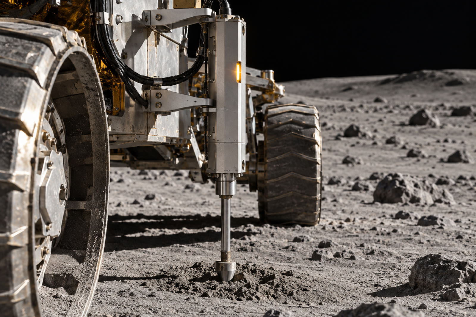 LRMH geotechnical instrument mounted on a lunar rover, cone tip pressed into the regolith