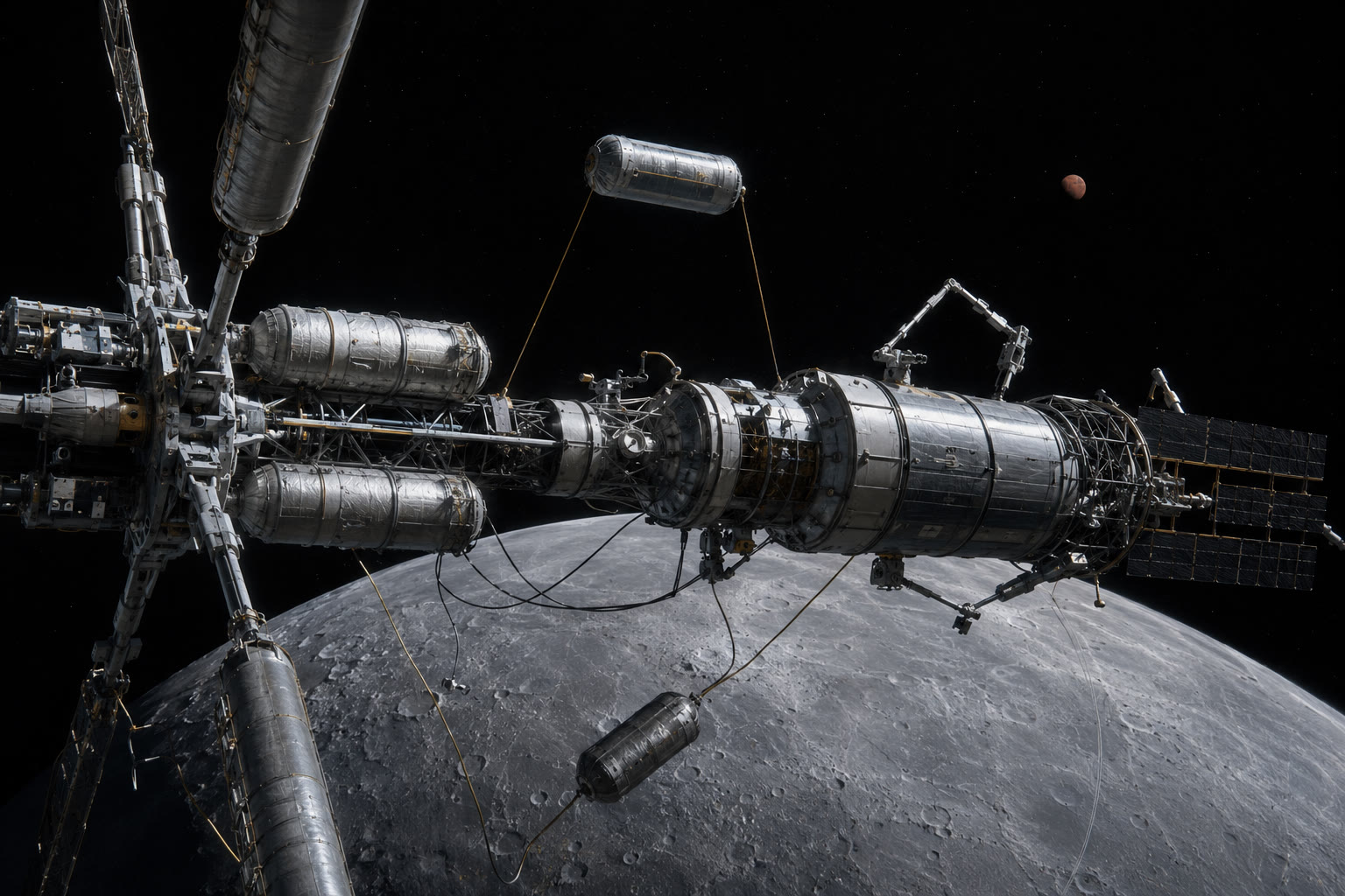 A large deep-space vehicle under assembly in lunar orbit, tank modules being maneuvered into place by manipulator arms above the cratered lunar surface, with Mars visible far beyond.