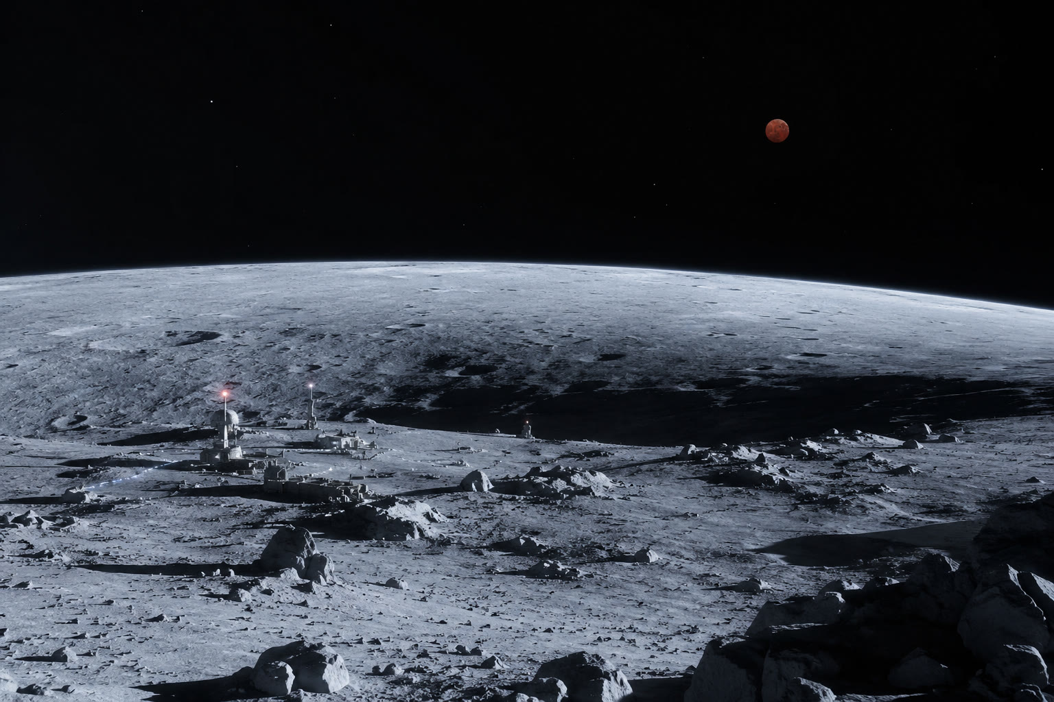A lunar surface installation on a cratered plain, its beacon lights glowing against the curve of the lunar horizon, with Mars hanging small and red in the black sky above.