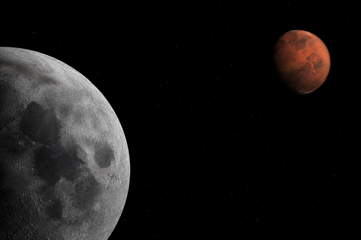 The Moon in the near foreground and Mars in the far distance against a starfield — the two bodies framed as points on one supply line.
