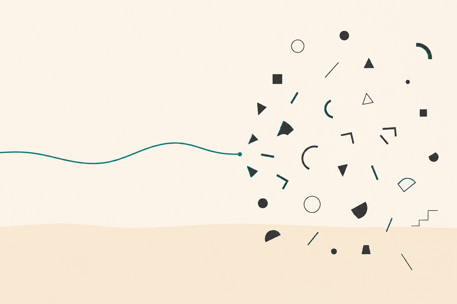 Abstract illustration: a single teal line meeting a field of independent forms, suggesting one program converging with many domains of expertise.