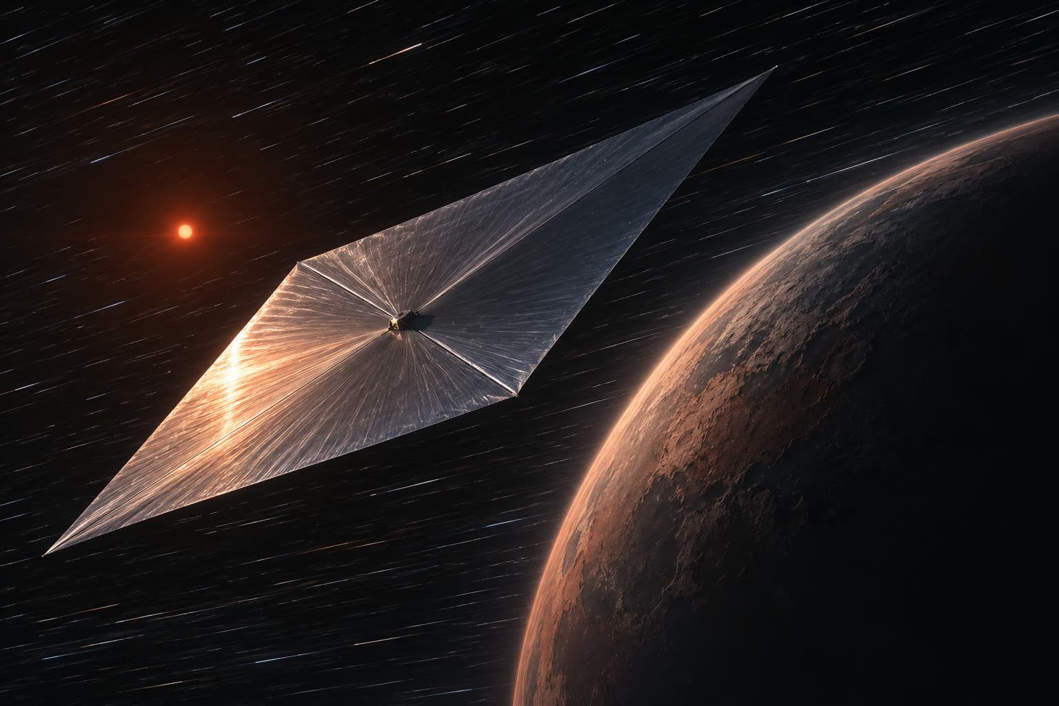 A gram-scale probe on a wide reflective light sail passing a rocky planet at high speed, the dim red star low behind it, motion implied by the streak of the starfield.