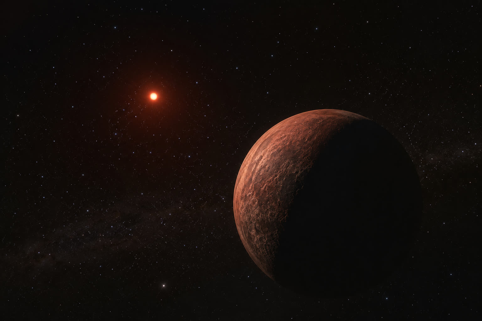 The red dwarf Proxima Centauri as a small, deep-orange star against a dense starfield, with a faint rocky planet in the foreground catching a sliver of its dim light.