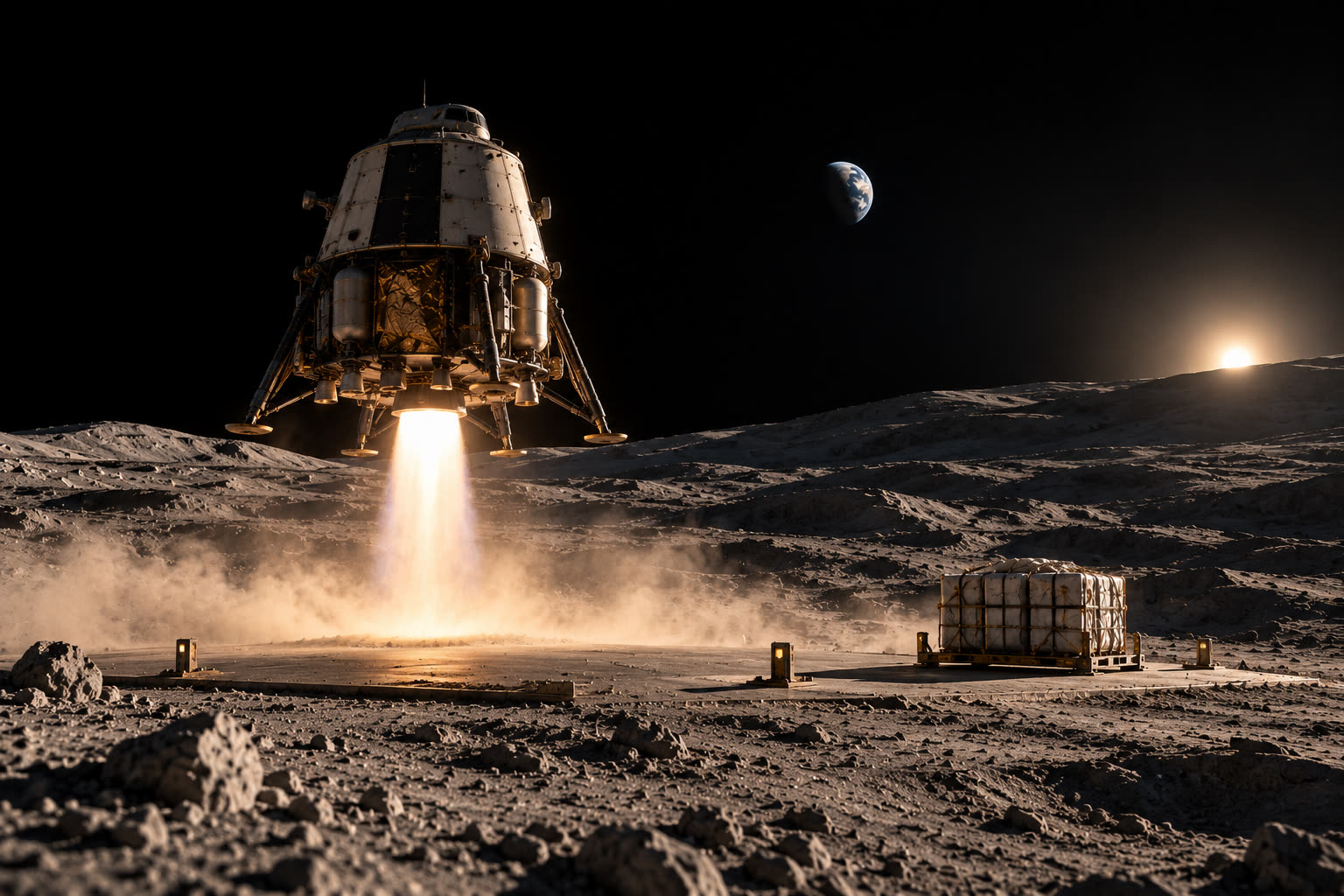An uncrewed lunar lander a few metres above a prepared surface pad on its engine plume, dust sheeting across the regolith, a strapped cargo pallet left beside the pad, Earth small in the black sky.