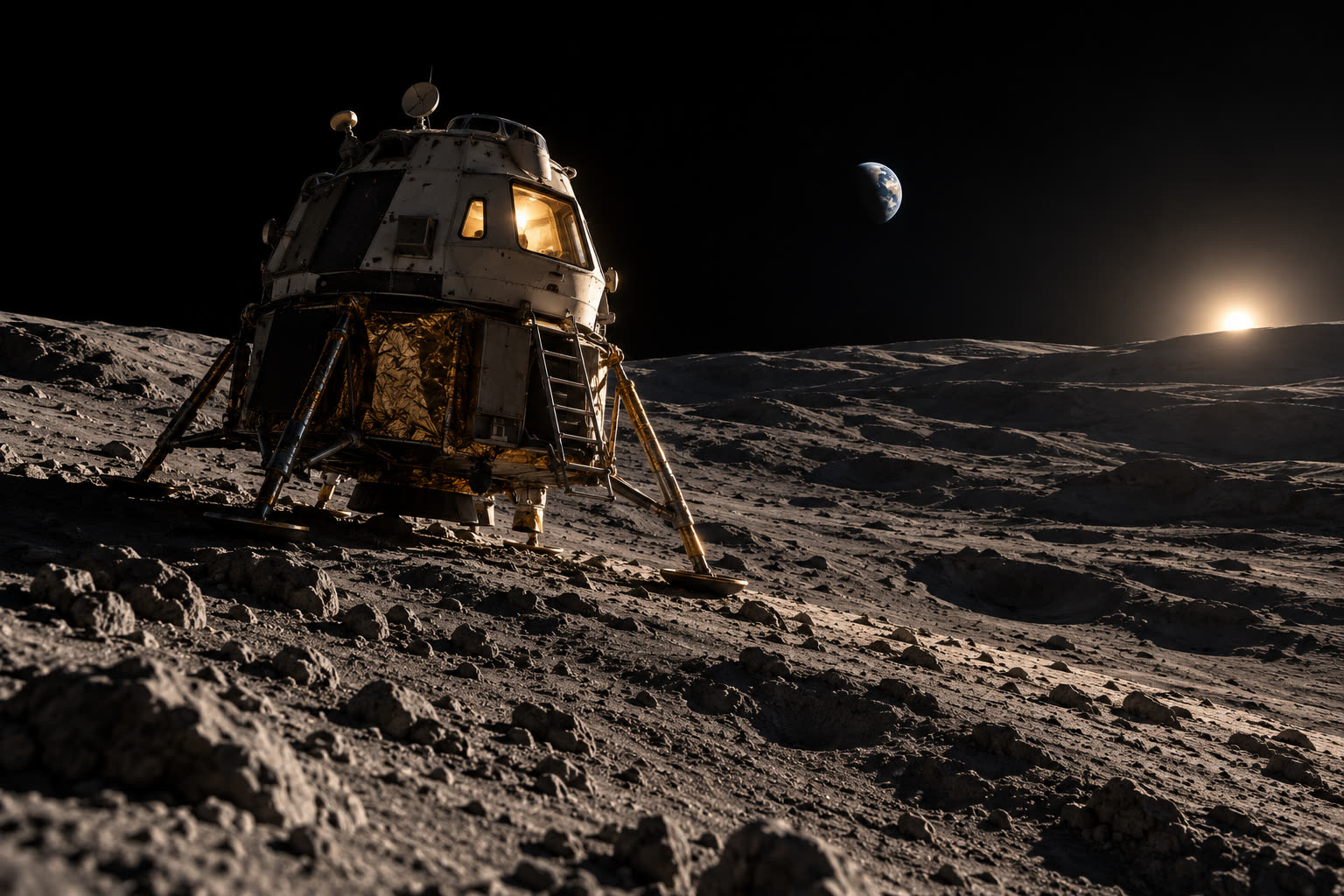 A crewed lunar lander standing on a rocky slope near the lunar south pole, the Sun just above the horizon behind it, its cabin window lit, with Earth small in the black sky and no other vehicle in sight.