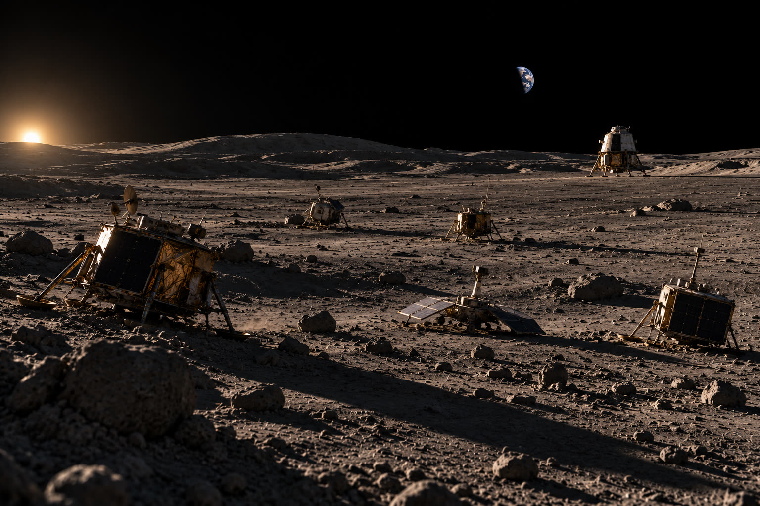 A lunar plain scattered with small robotic landers of different eras, each resting where it touched down, some tilted on the regolith, with a single larger crewed lander standing alone in the distance under a black sky with Earth above the horizon.