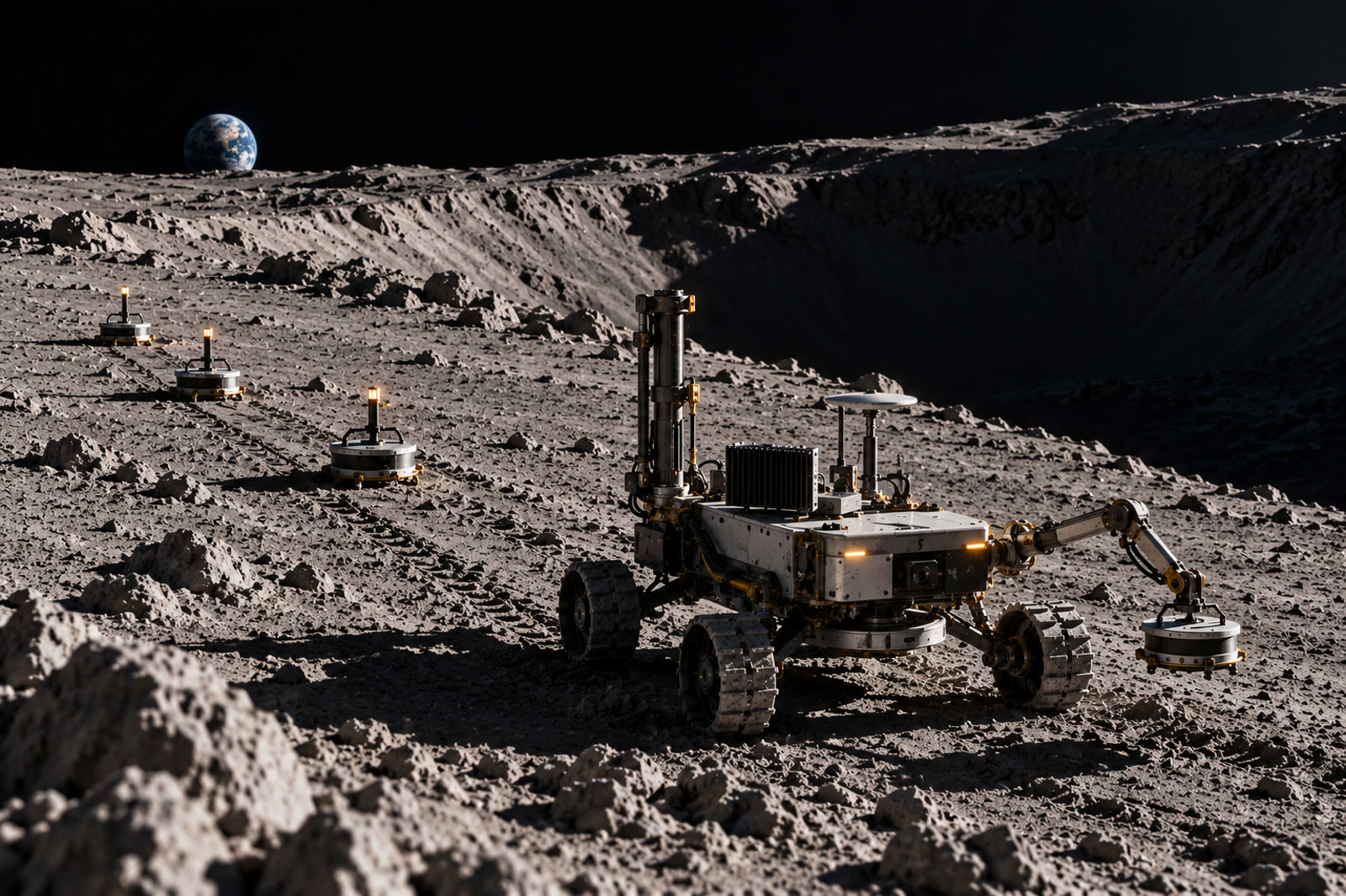 WOK micro-rover on the lunar surface near a crater rim: drill mast, sensor mast, arm placing a geophone pod, three more pods in a line behind it, Earth low on the horizon